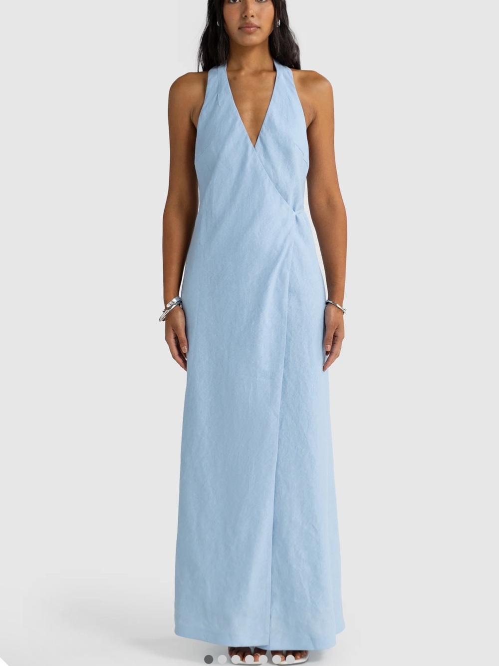 ORTC Elise Linen Wrap Full Length Dress Powder Blue size AU 8 NWT